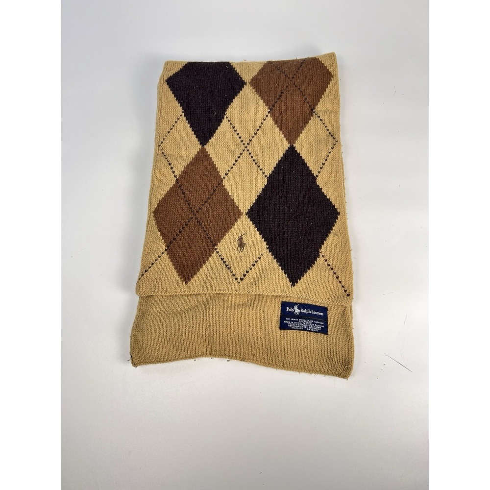 Vintage Polo Ralph Lauren Lambswool Blend Argyle Scarf Tan Brown Knit Pony Logo
